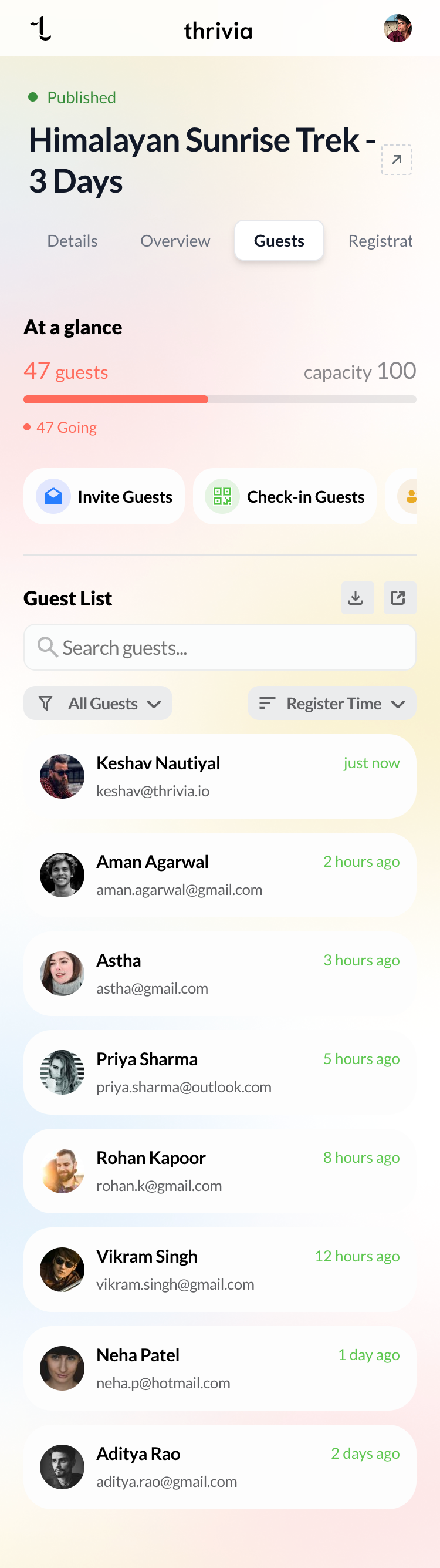 Thrivia mobile event management dashboard